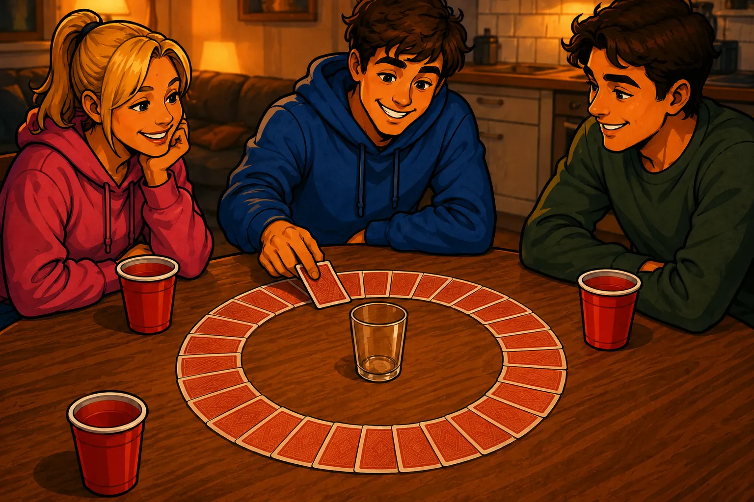 Ring of fire drankspel met kaarten in een ring rond een glas